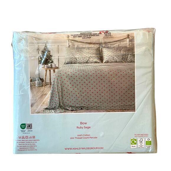Cath Kidston London Holiday Red Bows Cotton FULL Sheet Set 4pc Sage Green NEW - Picture 15 of 15